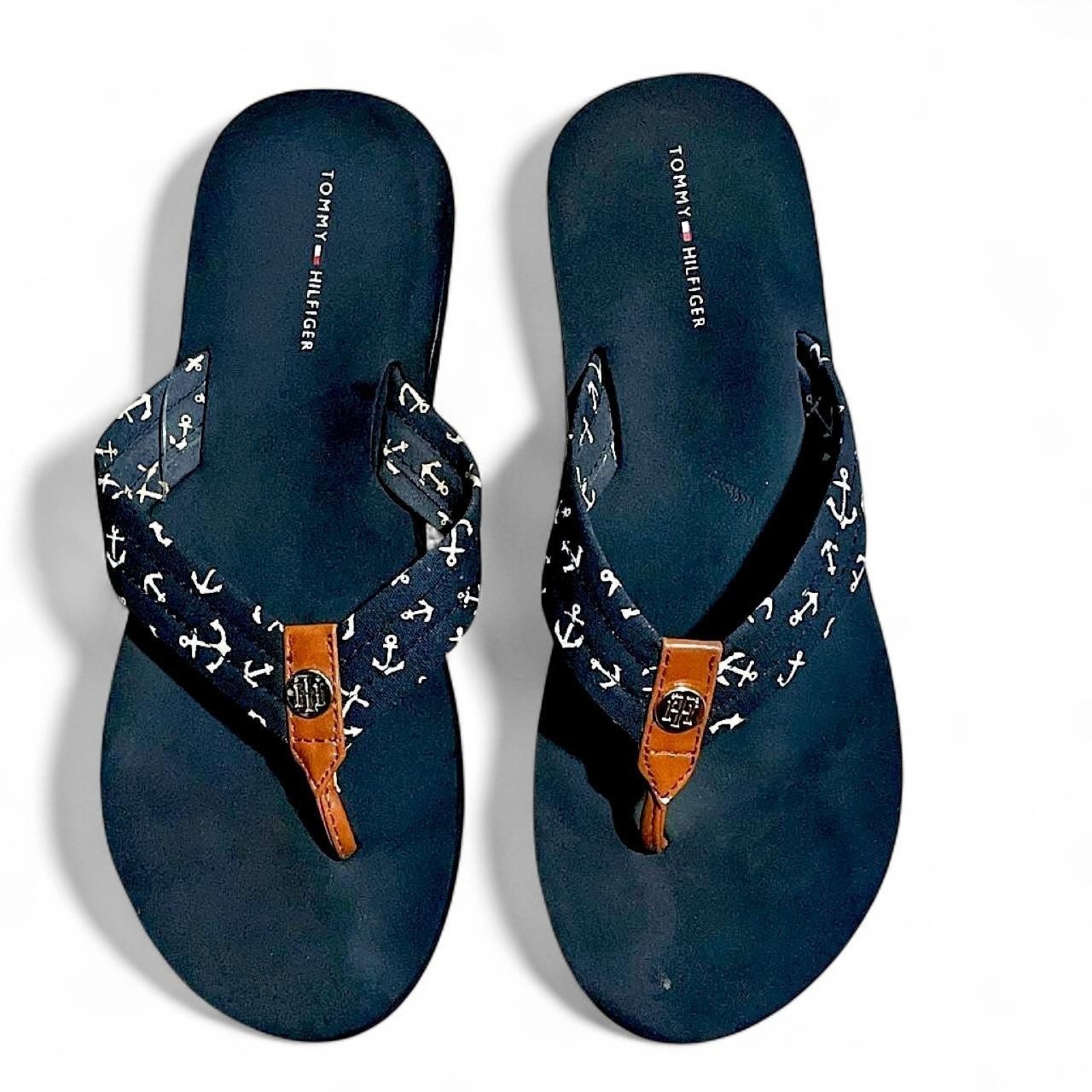 Tommy Hilfiger Women Sandals Blue Anchor Flip Flop Thong Shoes Nautical Size 10